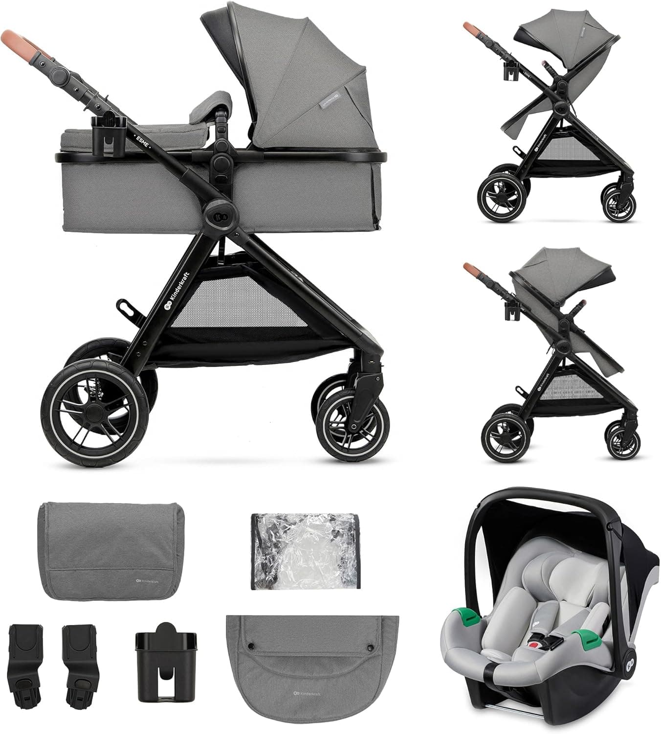 Kinderkraft ESME Cadeira de carro 3 em 1 conjunto, com porta-bebés Mink PRO I-Size, sistema de viagem, carrinho para bebé, carrinho, dobrável, para recém-nascido até 4 anos, cinzento