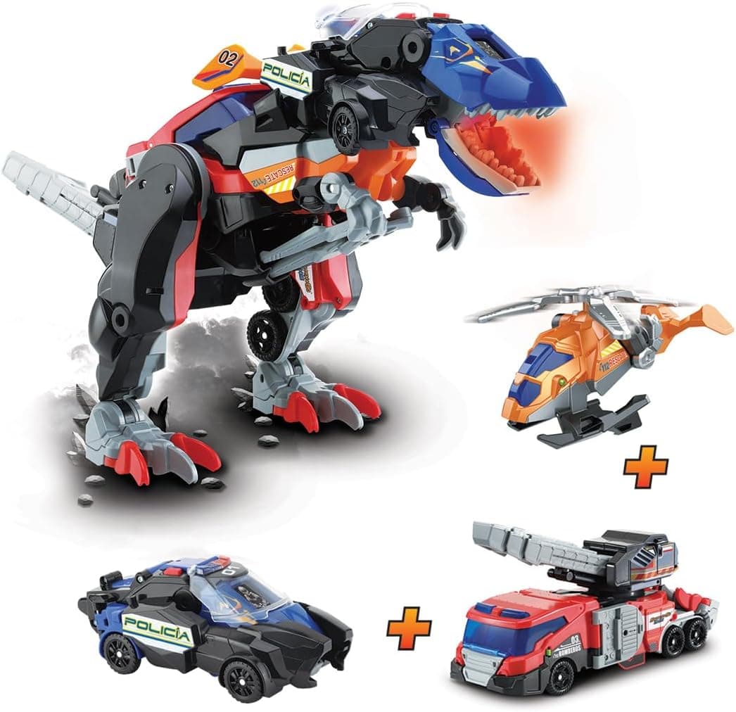 VTech - Switch & Go Dinos 4em 1 mega T-Rex Sos, superdinossauro combinado de três veículos de emergência, dinossauros e figuras de ação, brinquedo para crianças + 3 anos