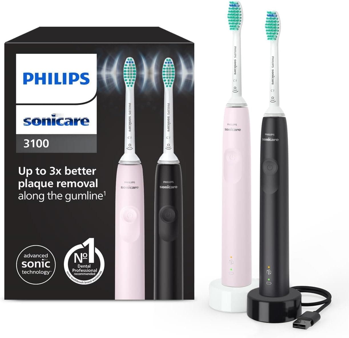 Philips Sonicare 3100, escova de dentes elétrica, escova de dentes sónica, sensor de pressão e temporizador, rosa pastilha elástica e preto, embalagem dupla, HX3675/15