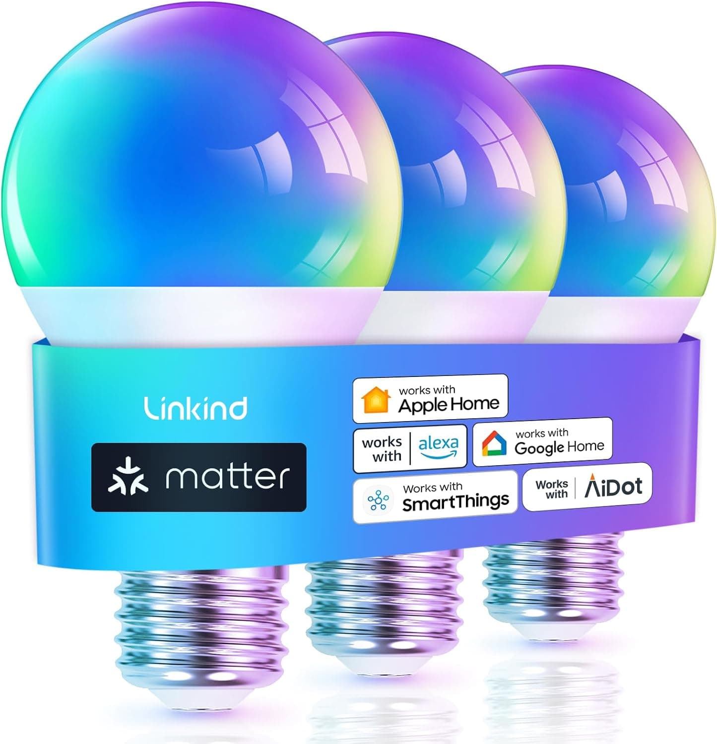 Linkind Matter Smart RGBTW Lâmpada, WiFi LED E27, lâmpada multicolorida, RGB/RGBTW 1800K-6500K, compatível com Alexa Google Home, 9 W equivalente a 60 W, embalagem de 3