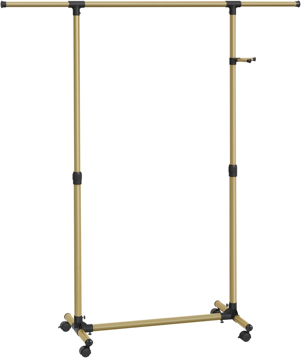 SONGMICS Cabide com rodas, altura ajustável 97-165 cm, barra extensível, ganchos laterais para acessórios, dourado pálido LLR001A01