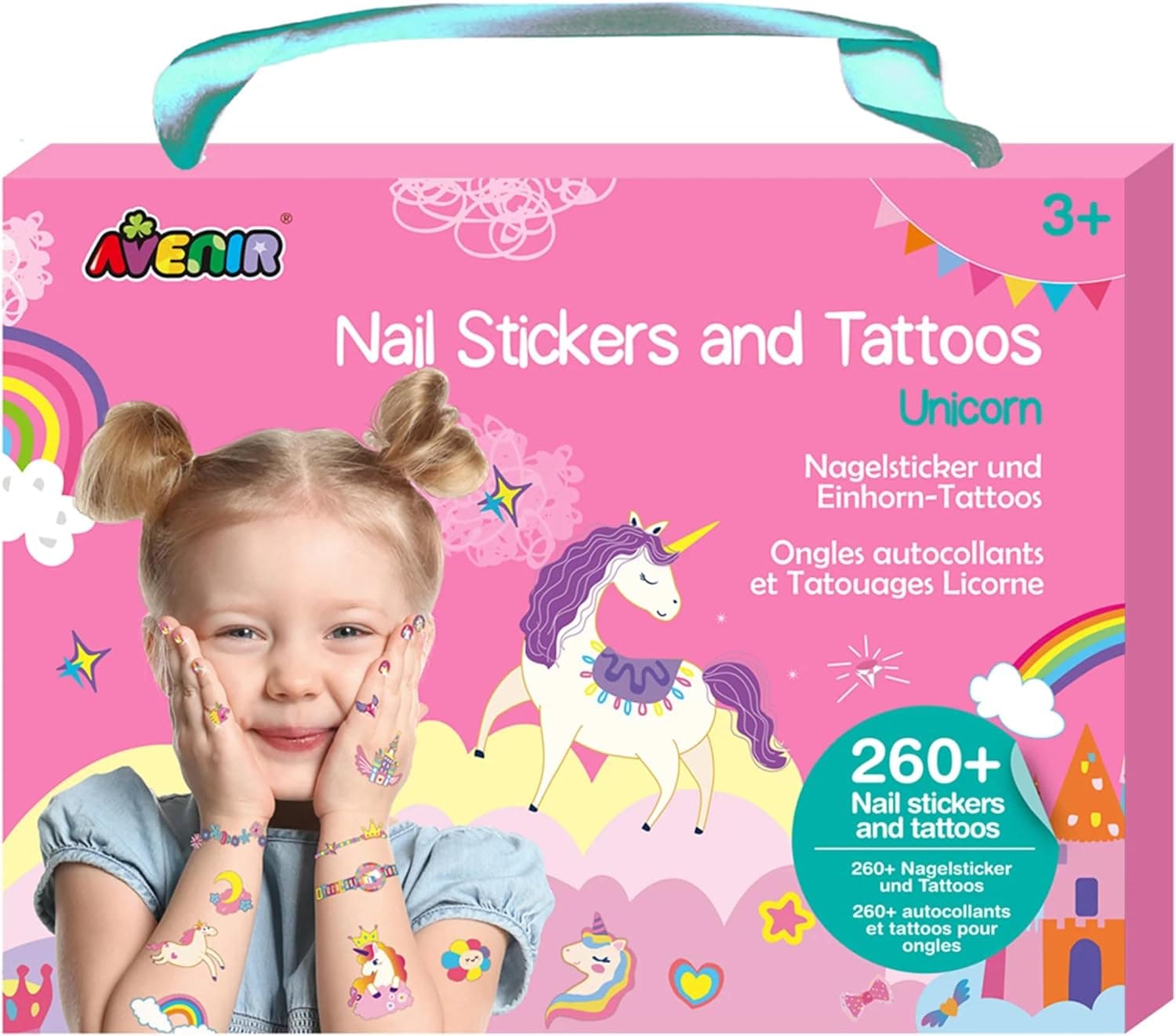 Avenir Decalques e tatuagens para unhas, unicórnios, 260 + decalques temporários para unhas e tatuagens, crianças a partir dos 3 anos, rosa, tamanho único (CHNA218205)