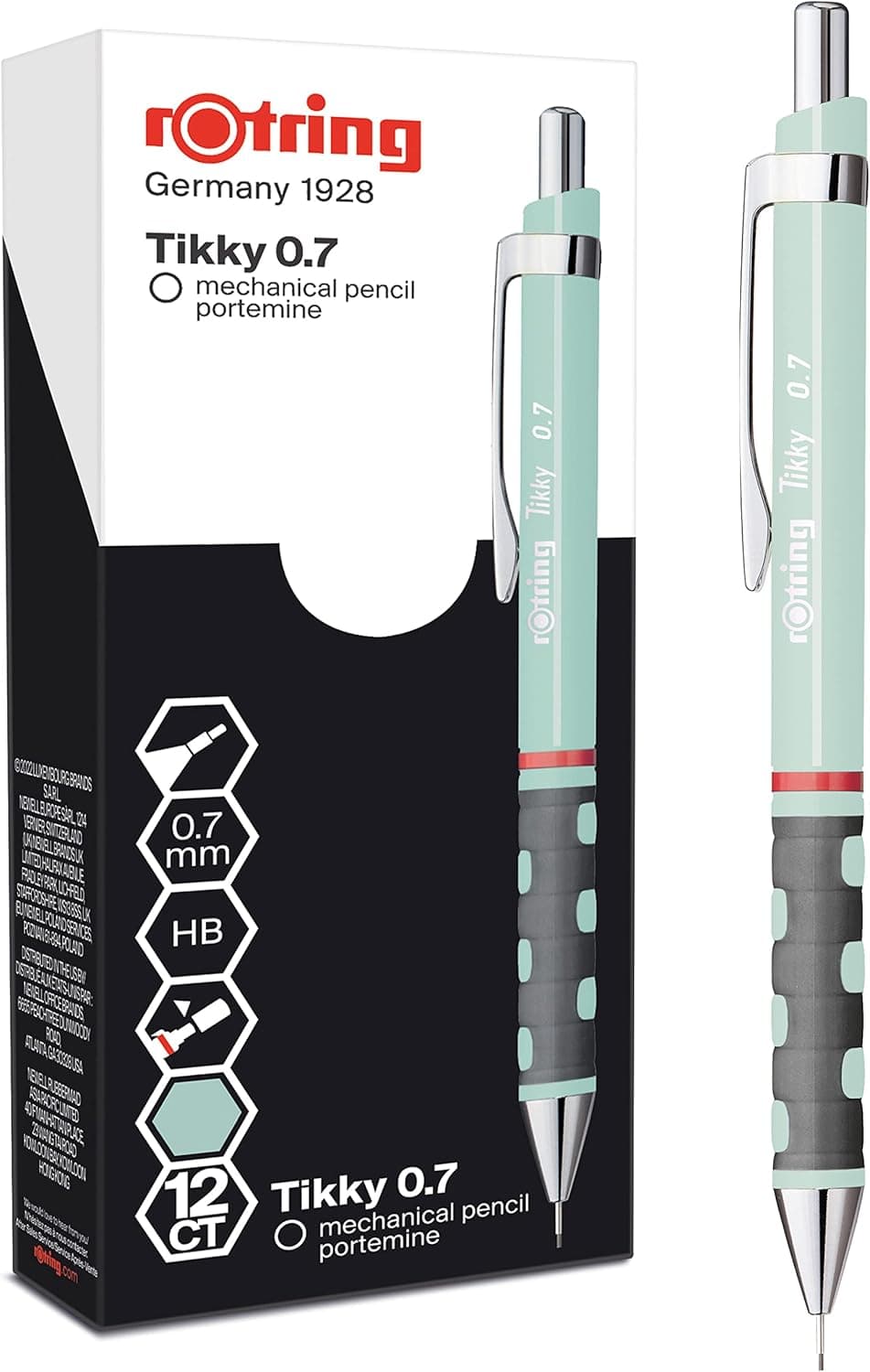 rOtring Porta-minas Tikky em tons pastel | HB de 0,7 mm, azul opalino, com pegas de borracha confortáveis, 12 unidades
