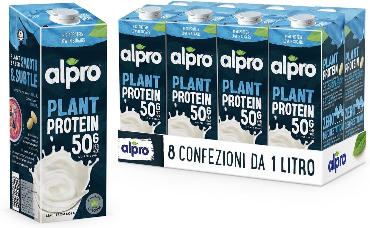 Alpro Natural Protein | Bebida de soja vegetal rica em proteína, pack de 8 x 1 L