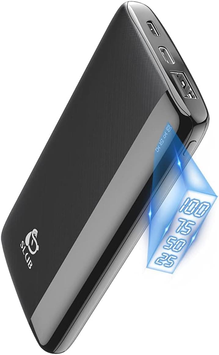SLuB Power Bank de 12000 mAh, bateria externa ultra fina, 3A USB C de carregamento rápido, ecrã digital LCD, carregador de telemóvel portátil para iPhone, Samsung, Huawei, Tablet, etc. (preto)