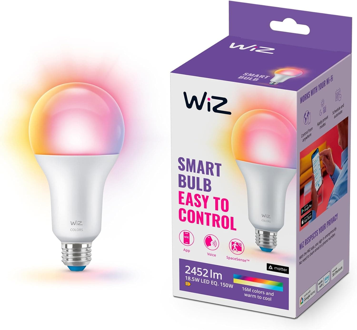 WiZ - Lâmpada LED inteligente Wi-Fi, 18,5 W (Eq. 150 W) A80 E27, luz branca e colorida, com tecnologia SpaceSense e compatível com Alexa e Google Home