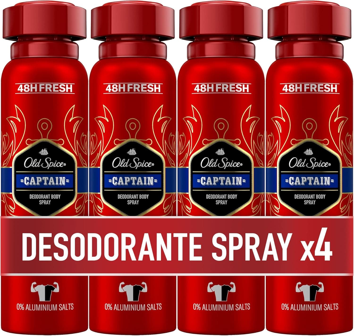Old Spice Captain Desodorante corporal em spray para homem, 48 horas fresco, 0% sais de alumínio, antimanchas, brancas e amareladas, 4 x 150 ml