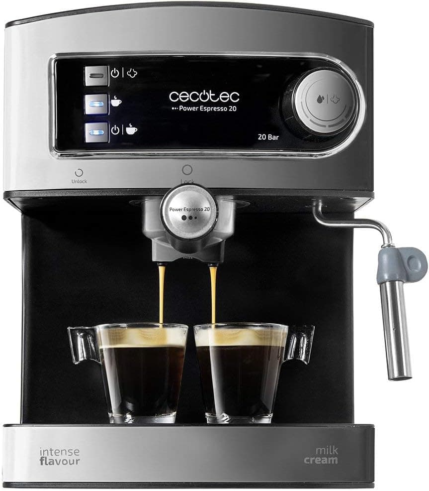 Cecotec Cafeteira expresso manual Power Espresso 20. 850 W, pressão de 20 bares, depósito de 1,6 l, braço de saída dupla, vaporizador, superfície de aquecimento, acabamento em aço inoxidável 