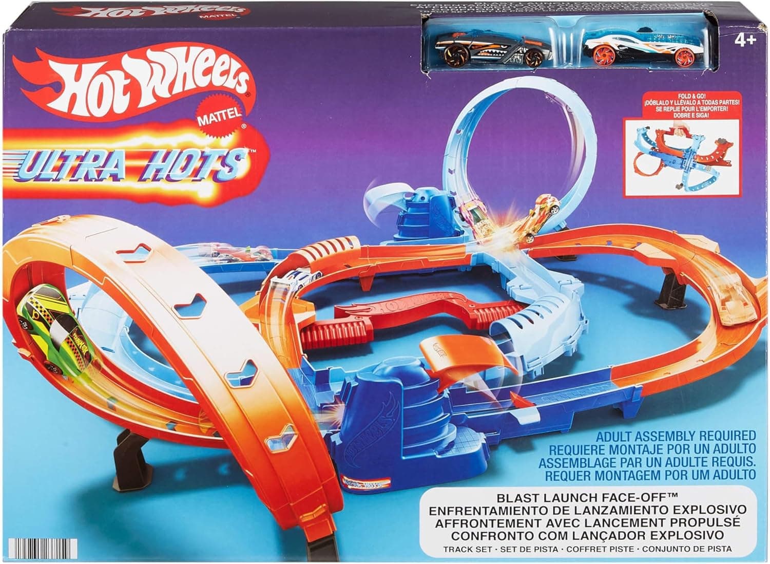 Hot Wheels Ultra Hots, conjunto de pista de corrida de brinquedo com 2 veículos em escala 1:64, com acrobacias e confrontos entre veículos e 2 lançadores ativados pelos mais pequenos, HXR71