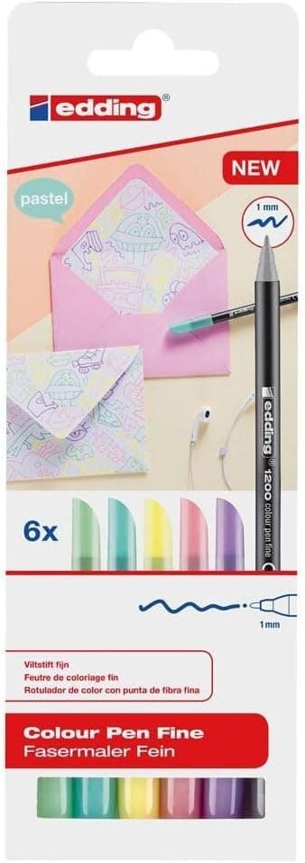 Edding 1200 | Conjunto de 6 marcadores finos de feltro com ponta de 1 mm em cores pastel para desenho e escrita