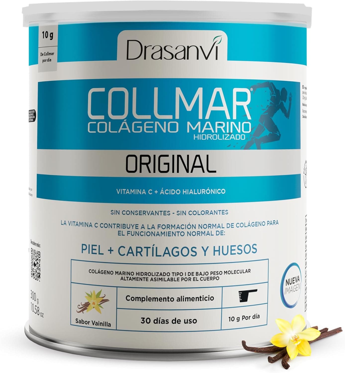 DRASANVI COLAGENO HIDROLIZADO com ácido hialurónico e vitamina C natural, ossos, articulações e pele colágeno marinho 9,660 mg/dia, 300 g = 30 dias, Collagen sabor baunilha