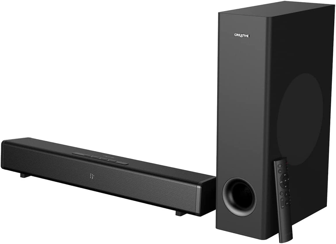 Creative Stage 360 Barra de som 2.1 com subwoofer para TV, PC, com Dolby Atmos, som surround HDMI ARC/2.0, Bluetooth, entrada ótica, controlo IR
