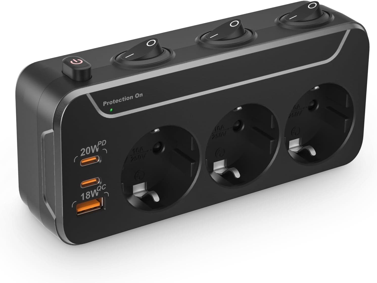 Kiykzi | Regleta múltipla com 3 tomadas, interruptores individuais e portas USB-C PD 20W, proteção contra sobretensão