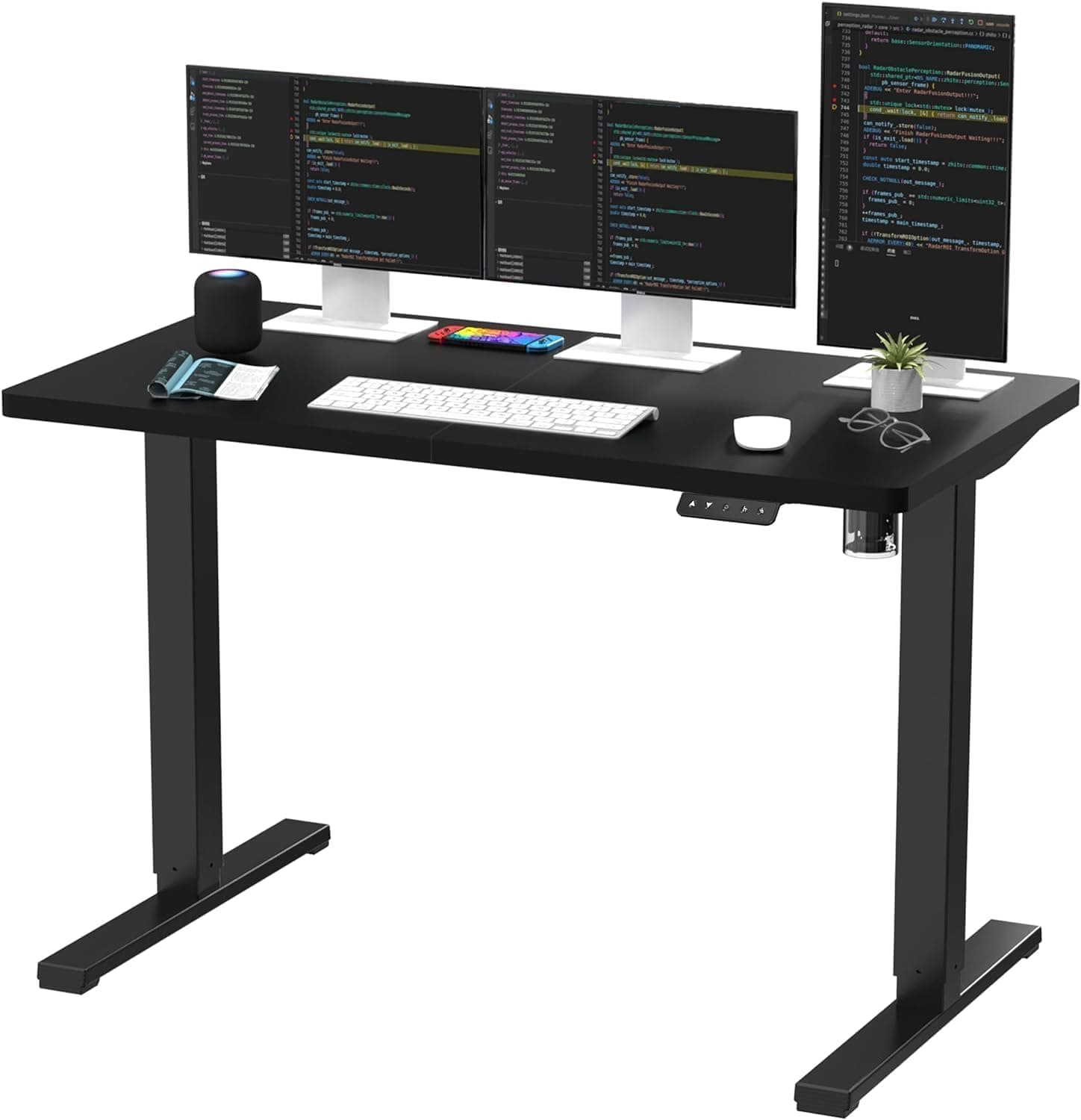 SANODESK QS 140 x 60 cm, mesa elevável elétrica mesa ajustável em altura elétrica / Standing Desk com painel telescópico bidirecional com função de memória - preto