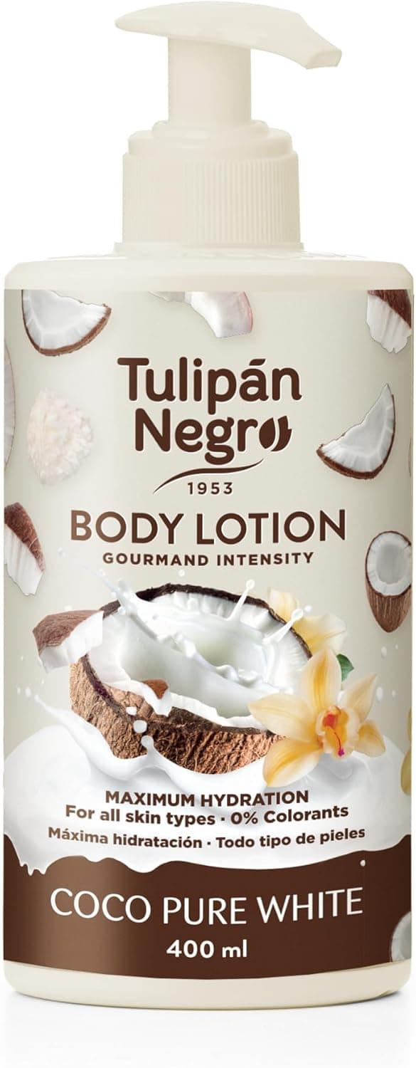 Tulipa preta loção corporal com doseador Coco Pure White, hidratação máxima 400 ml, intensamente perfumado e para todos os tipos de pele