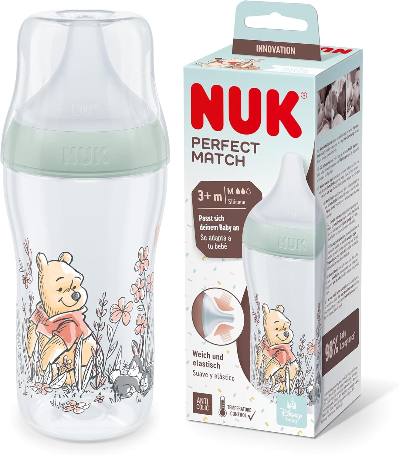 Biberão Perfect Match da NUK + 3 meses | adapta-se ao paladar do bebé, controlo de temperatura, ventilação anticólica, 260 ml, sem BPA, Tetina de silicone média, Winnie the Pooh da Disney