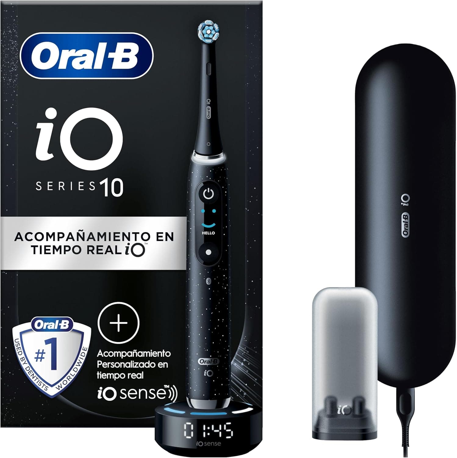 Oral-B iO 10 Escova de dentes elétrica preta com cabo recarregável, 1 cabeça e 1 estojo carregador de viagem, 7 modos de escovagem, sensor de pressão, rastreamento com aplicativo, desenhado por Braun