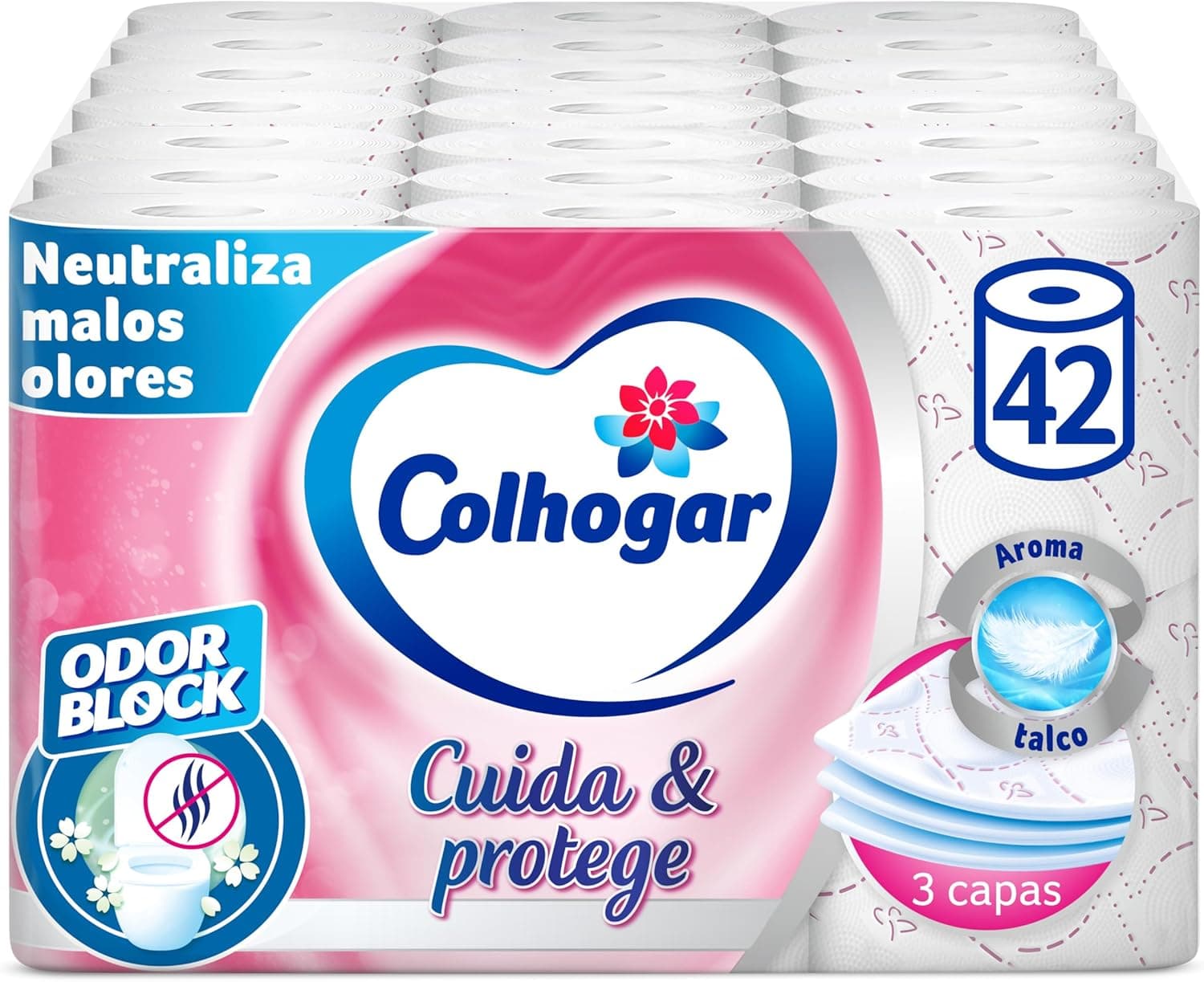 Colhogar Protect Cuidados e Protege Odor Block 7 x 6 - Papel higiénico macio e resistente - Pacote com 42 rolos - 3 camadas - rolos cor branca e com uma fragrância talco