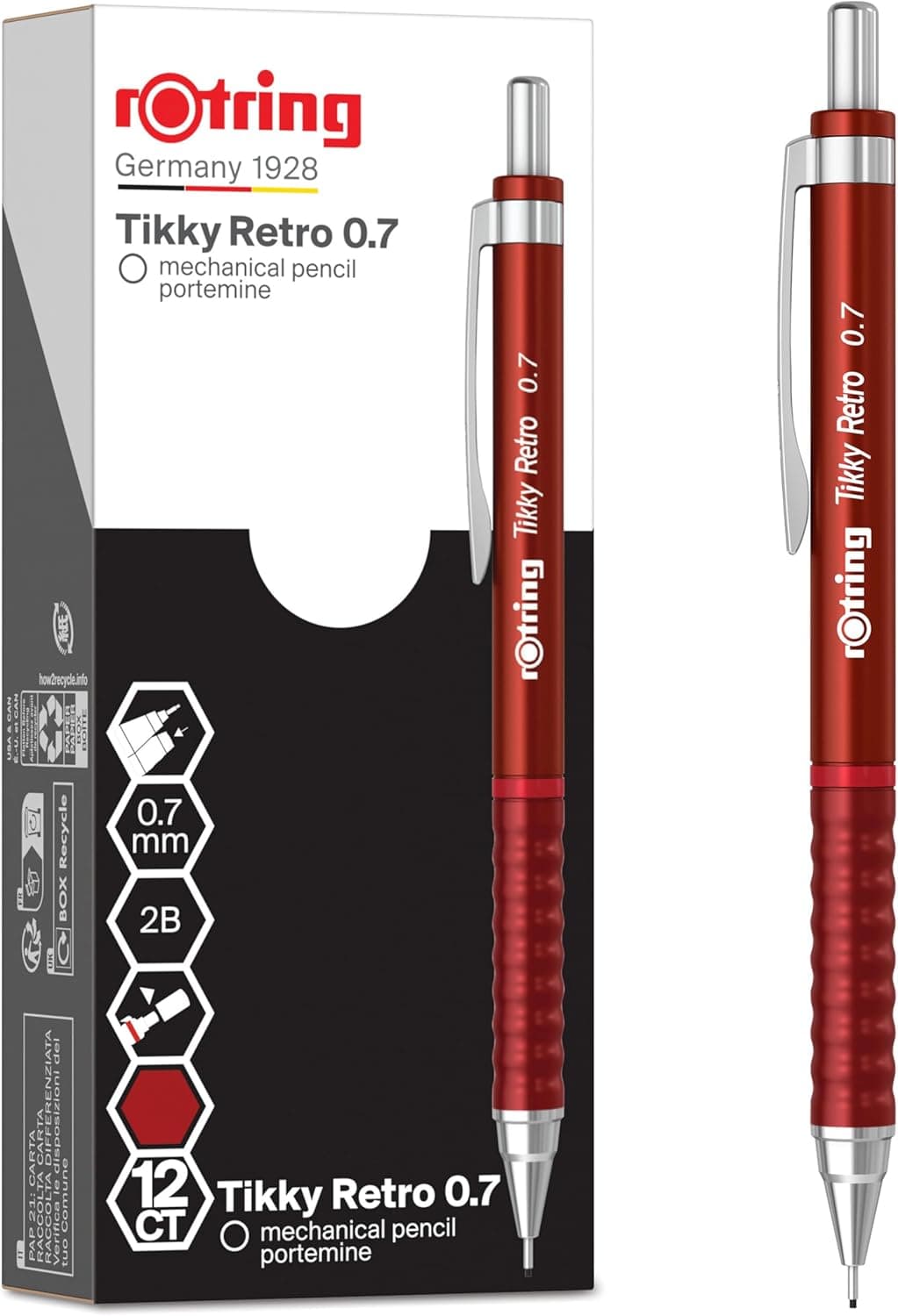 Portaminas retro Tikky de rOtring | 2B de 0,7 mm, corpo vermelho, aderência ondulada, 12 unidades