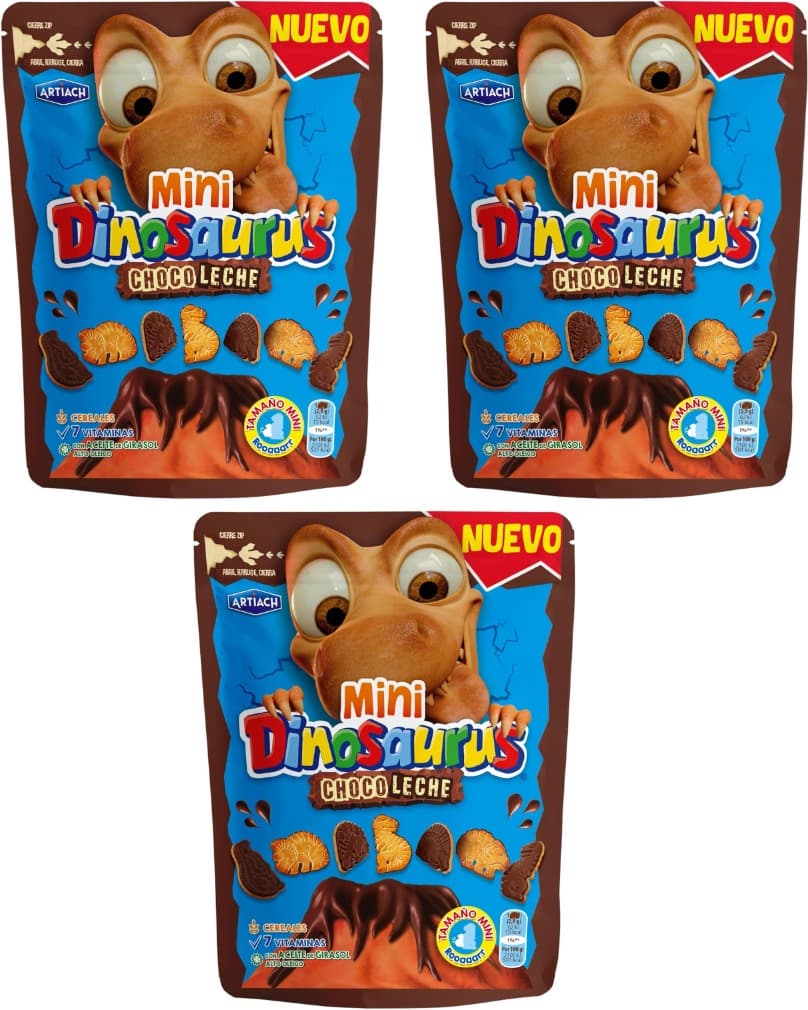 Dinosaurus Mini | Bolachas com cobertura de chocolate de leite e fecho ZIP, 120g x 3