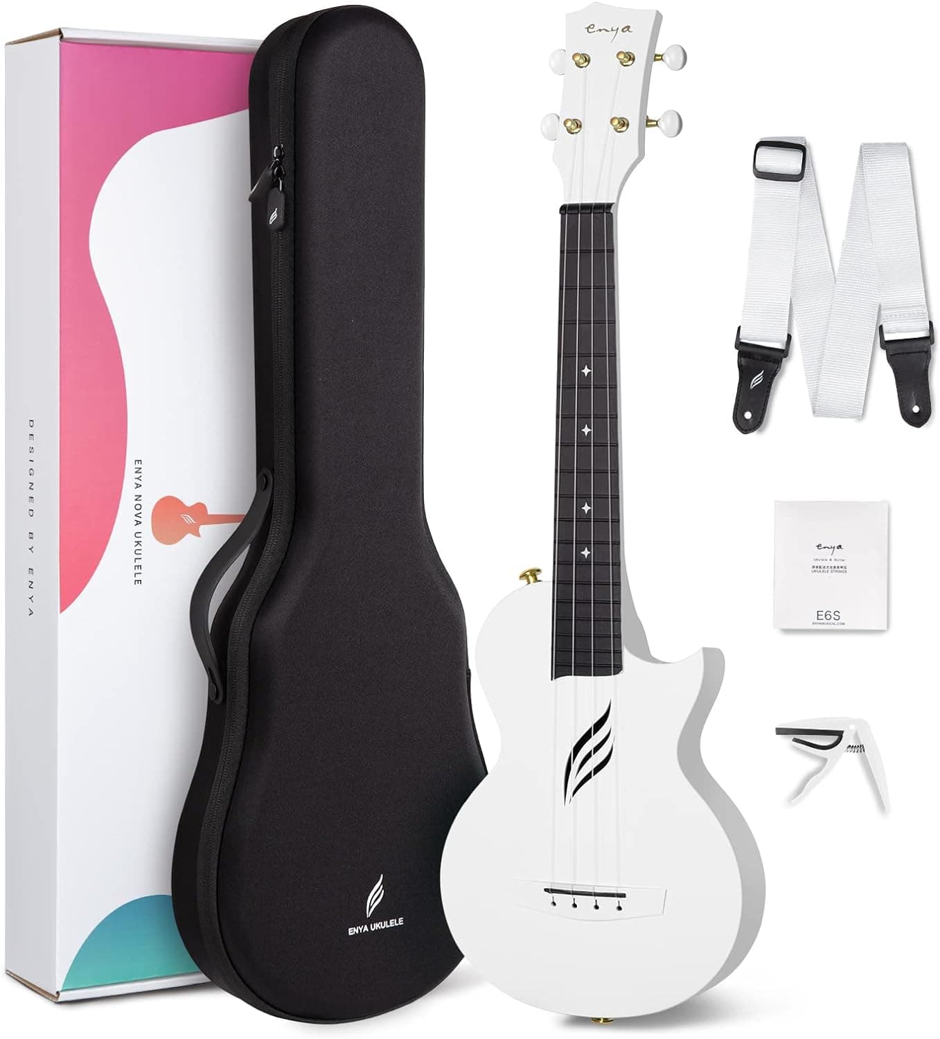 Ukelele de concerto Enya Nova U 23" corpo em fibra de carbono com bolsa de ukulele, correia, cordas, capo(branco)