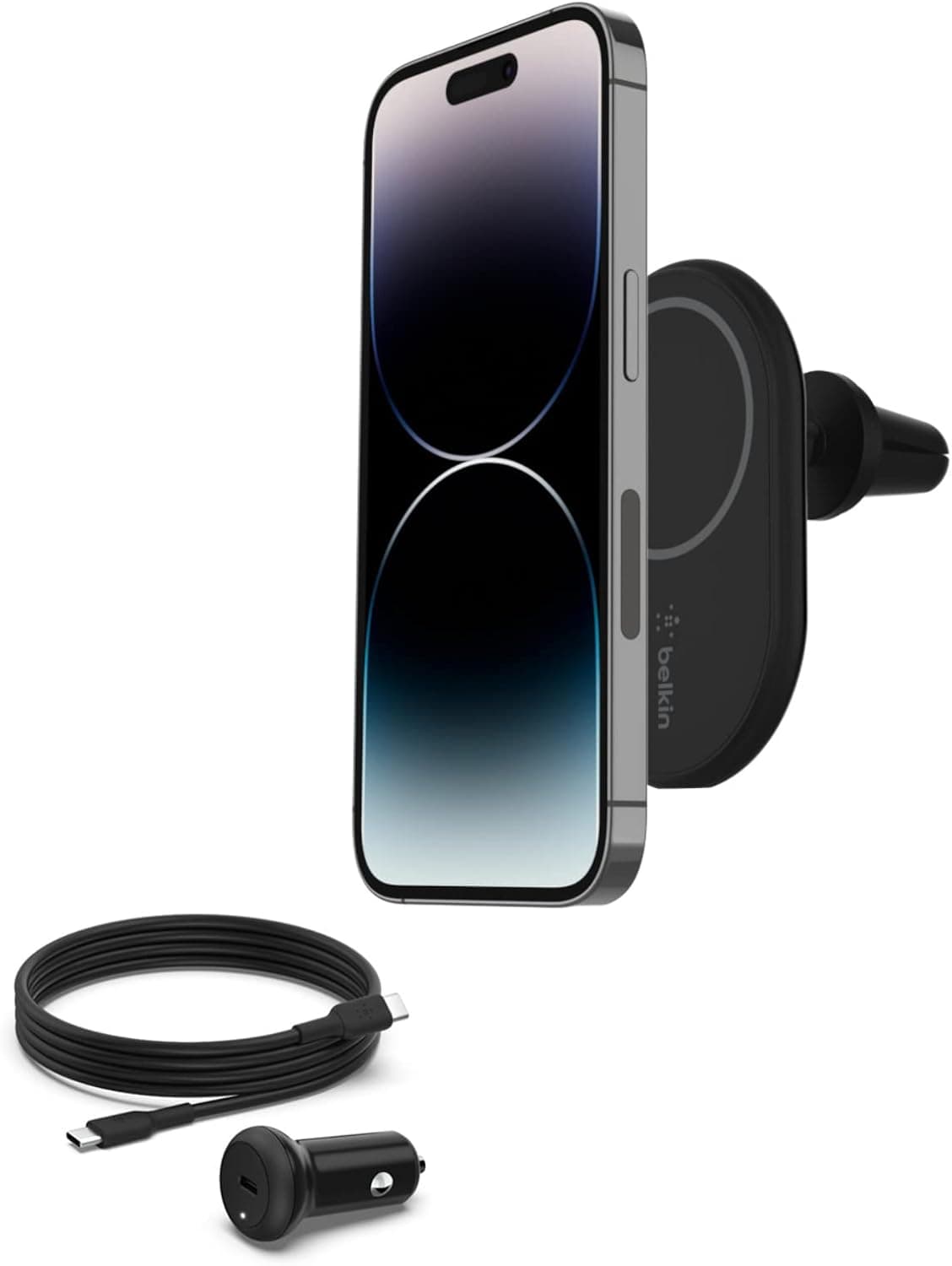 Belkin carregador magnético para carro BoostCharge com suporte, compatível com smartphones com MagSafe, série iPhone 16, iPhone 15, iPhone 14, iPhone 13, iPhone 12 (cabo e carregador incluídos)