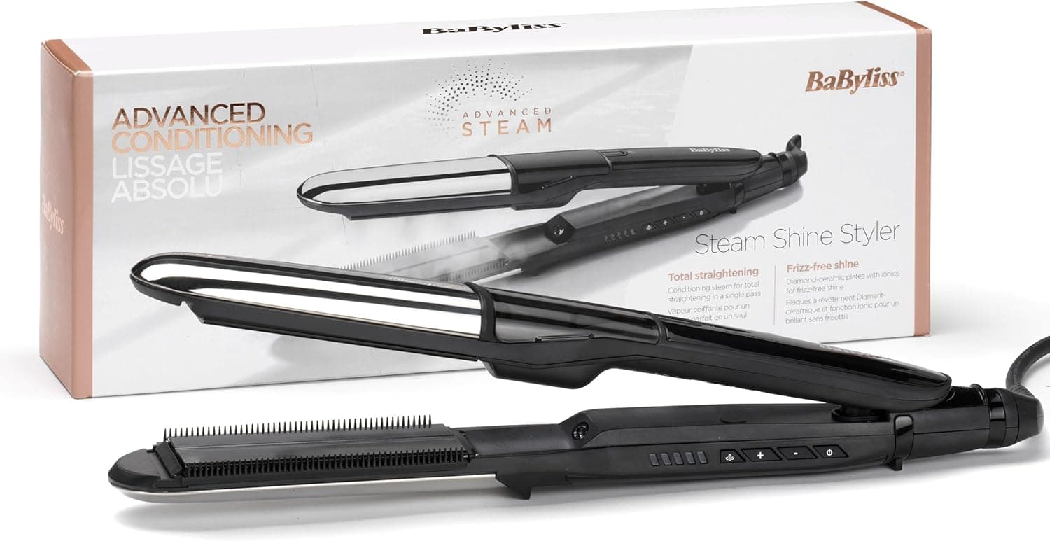 BaByliss Styler Steam Shine ST496E Ferro de cabelo com vapor liso e ondula, placa exterior curva para ondular, iónica, pentes removíveis - alisamento profissional, cabelo hidratado e protegido
