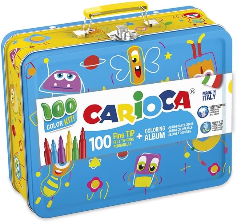 Carioca Caixa metálica com marcadores, 100 marcadores super laváveis com uma caixa de metal, marcadores de ponta fina com álbum para colorir