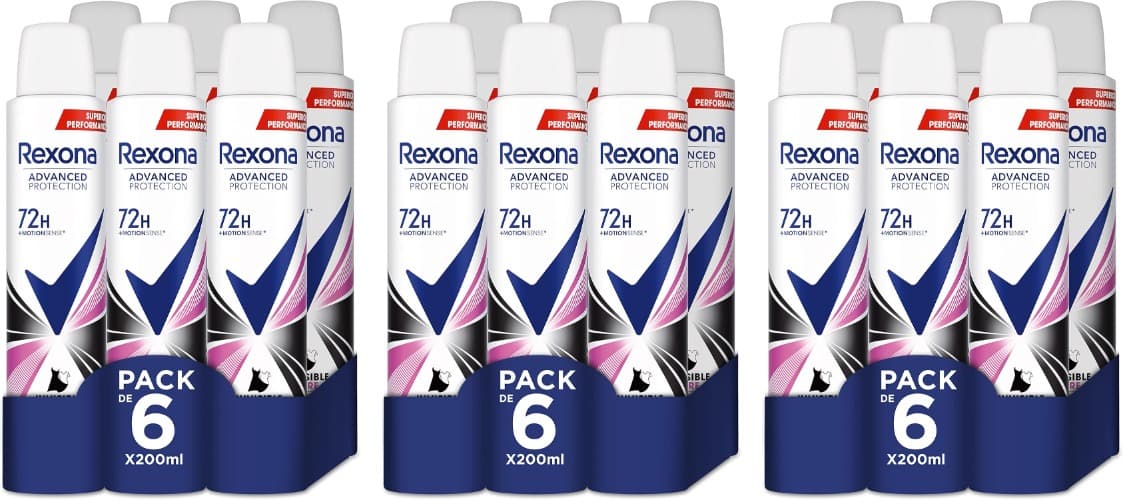 Rexona Desodorante aerossol Advance Protection invisível, Pure 72 h para mulher, 200 ml x 18