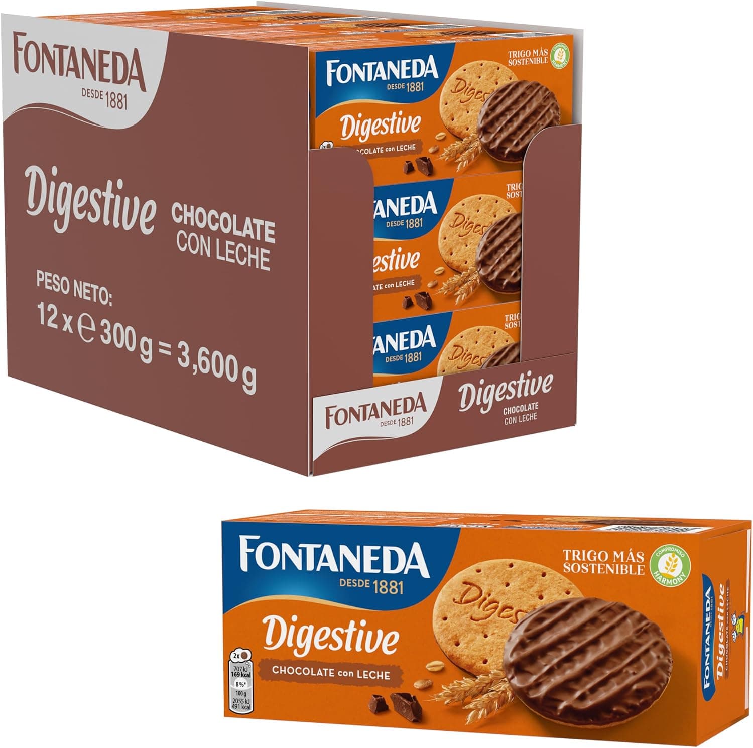 Faneda Digestive bolachas com chocolate com leite 300 g, embalagem de 12