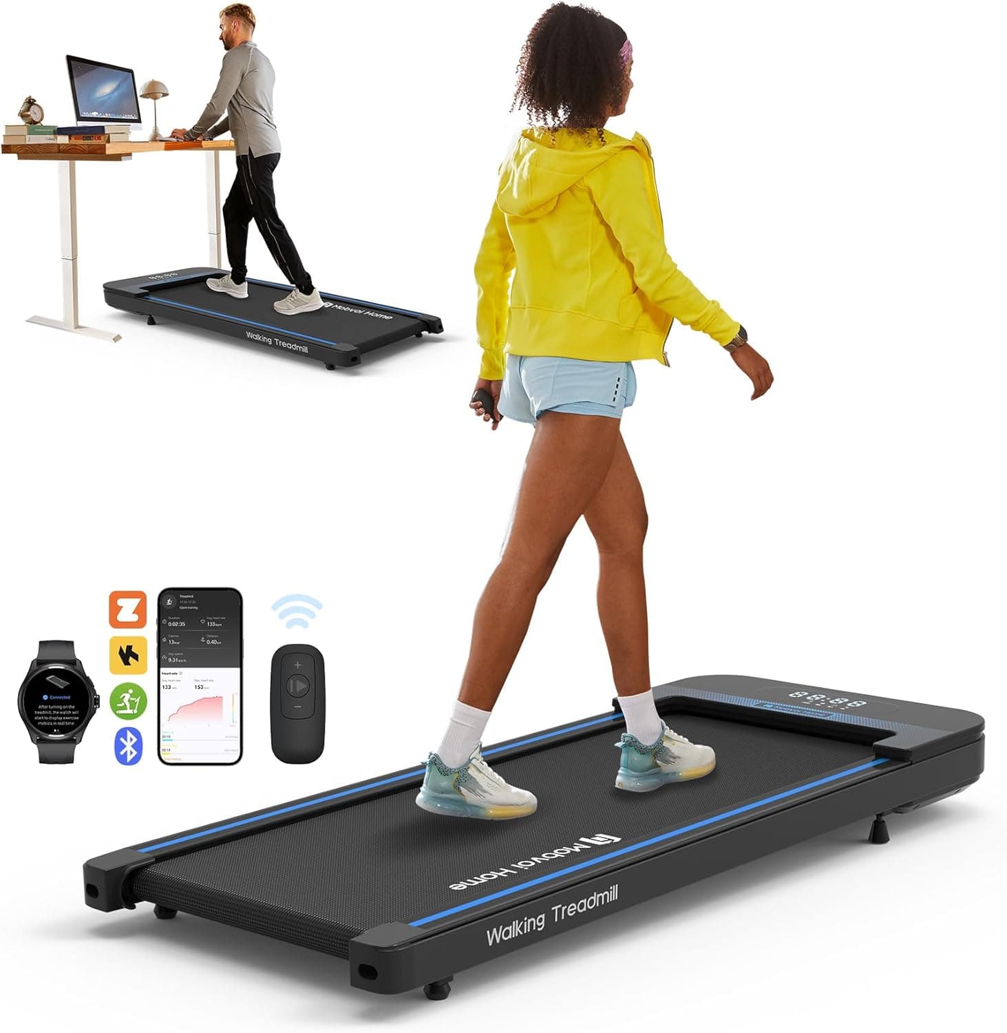 Mobvoi Passadeira de correr para caminhar secretária fitas de correr compactas para escritório doméstico portátil de 2,25 HP máquina de correr com controlo remoto 120 kg 1-6 KM/H