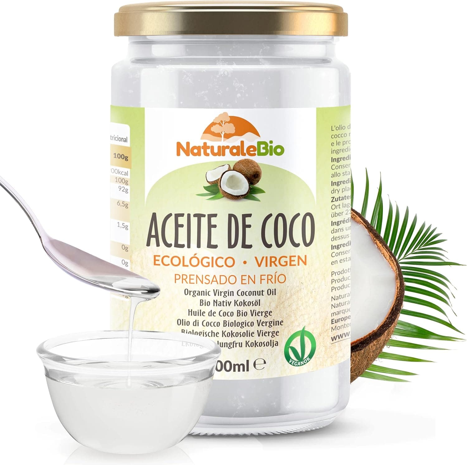 NaturaleBio Óleo de Coco Virgem Biológico | Óleo de coco cru e prensado a frio 1000 ml