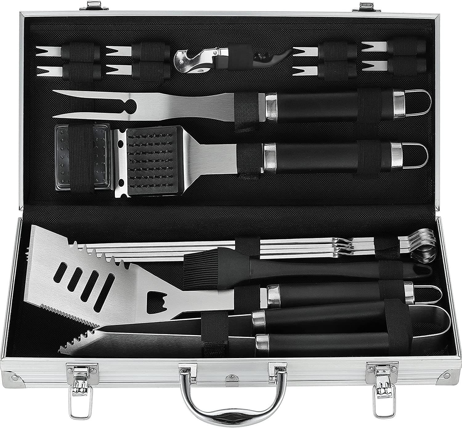 Grilljoy 20 peças Acessório churrasco - Conjunto de utensílios de grelha de aço inoxidável com estojo de alumínio para acampar - kit de churrasco utensílios premium - presentes ideais para churrasco