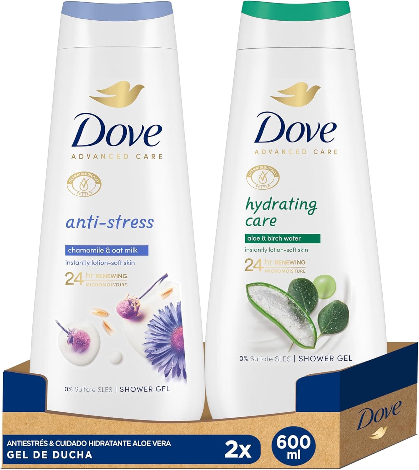 Dove Advanced Care | Gel de banho hidratante com aloé vera e água de bétula 400 ml e gel de banho anti-stress com camomila e leite de aveia 600 ml