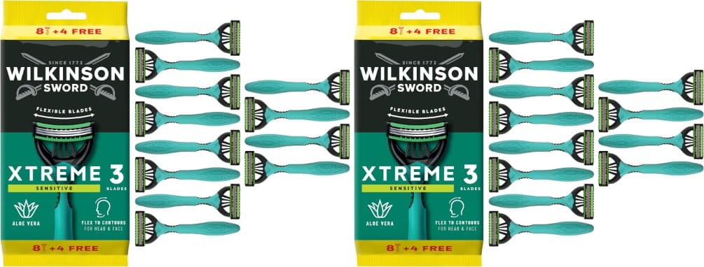 Wilkinson Sword Xtreme 3 Sensitive | Pack de 12 lâminas descartáveis com tira lubrificante de vitamina E e aloé vera para barbear suave