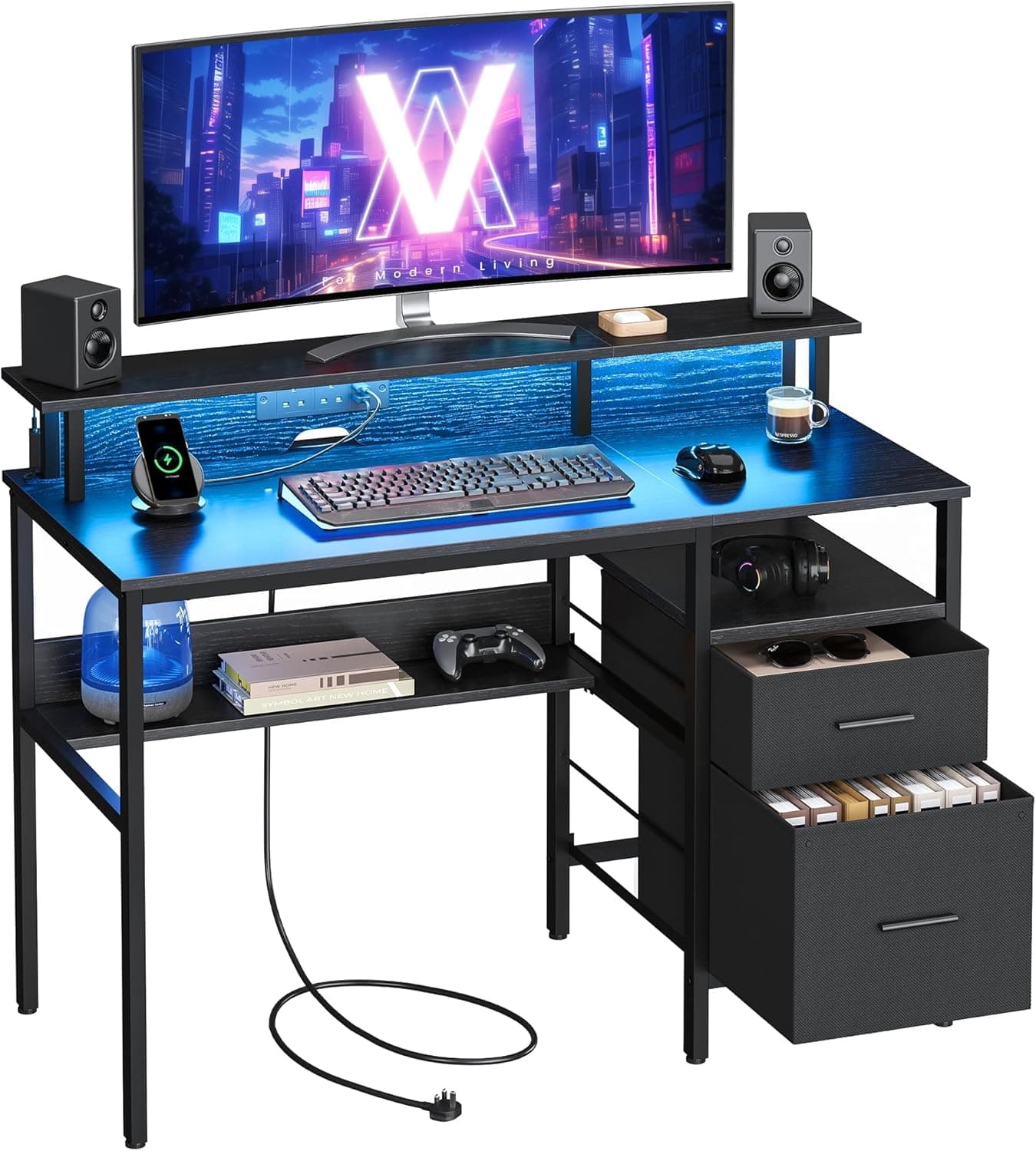 VASAGLE LWD093B01 | Secretária com gavetas de tecido, luzes LED, tomadas USB-A e suporte para monitor, 120 x 55 x 90 cm, cor preto ébano