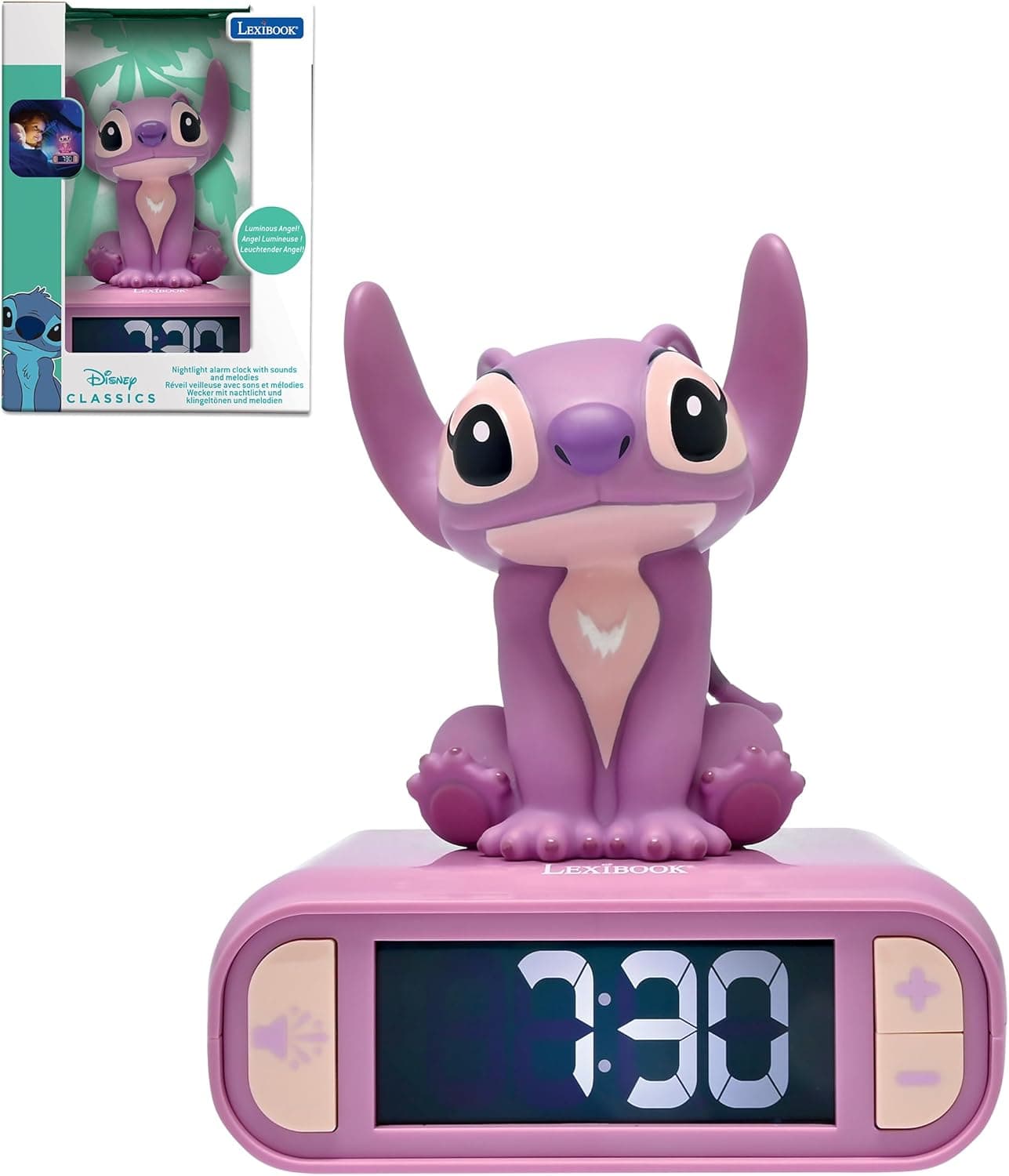 LEXIBOOK, Disney Stitch, despertador luminoso anjo - tons e melodias, ecrã LCD retroiluminado, luminoso, função de repetição, rosa, RL800D1