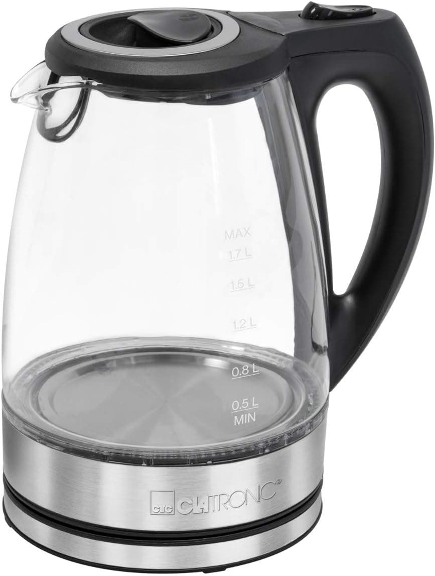 Clatronic WKS 3744 G Chaleira de água (1,7 l, caixa de vidro e aço inoxidável, tecnologia sem fios, fácil de derramar e despejar, tampa de segurança, conexão de 360°)