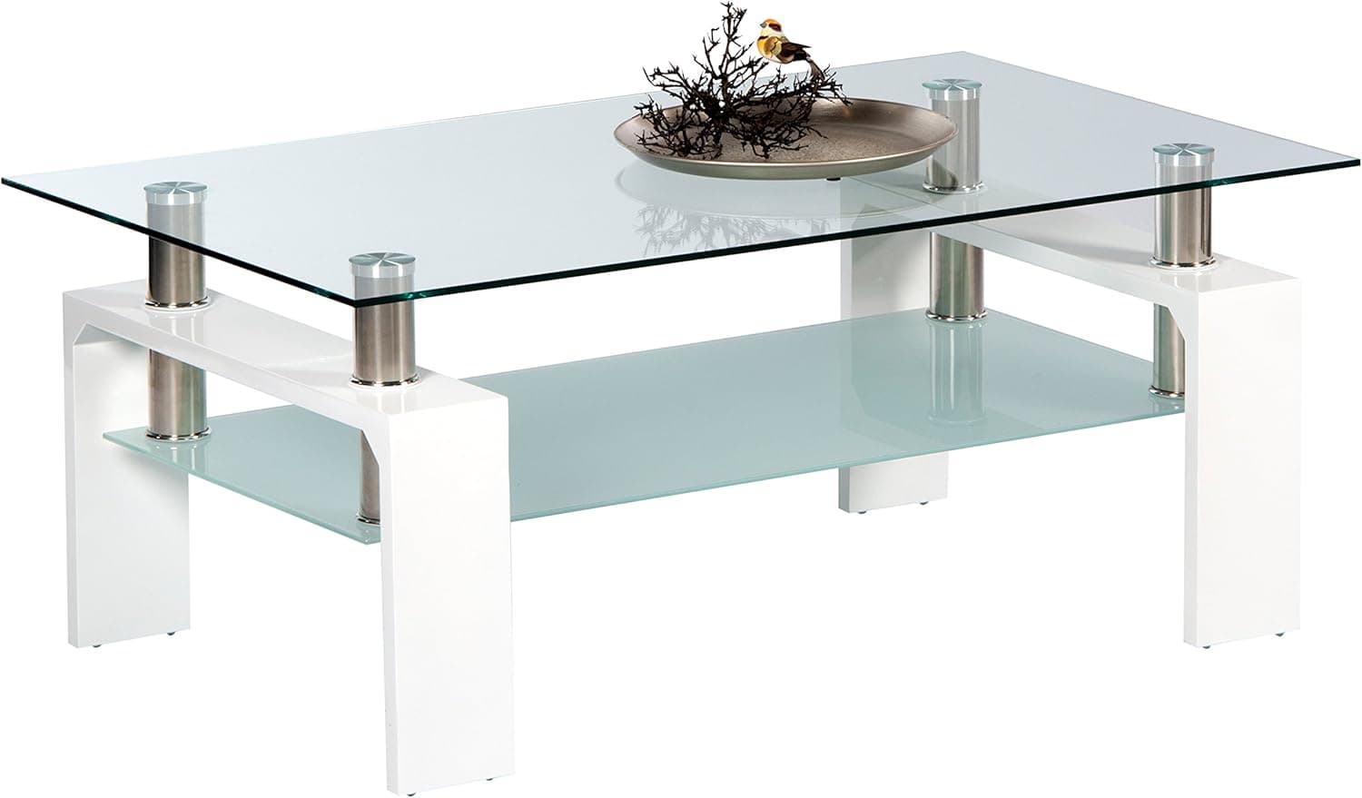 Stella Trading Mango II | Mesa de centro branca com prateleira em vidro para sala, 100 x 46 x 60 cm