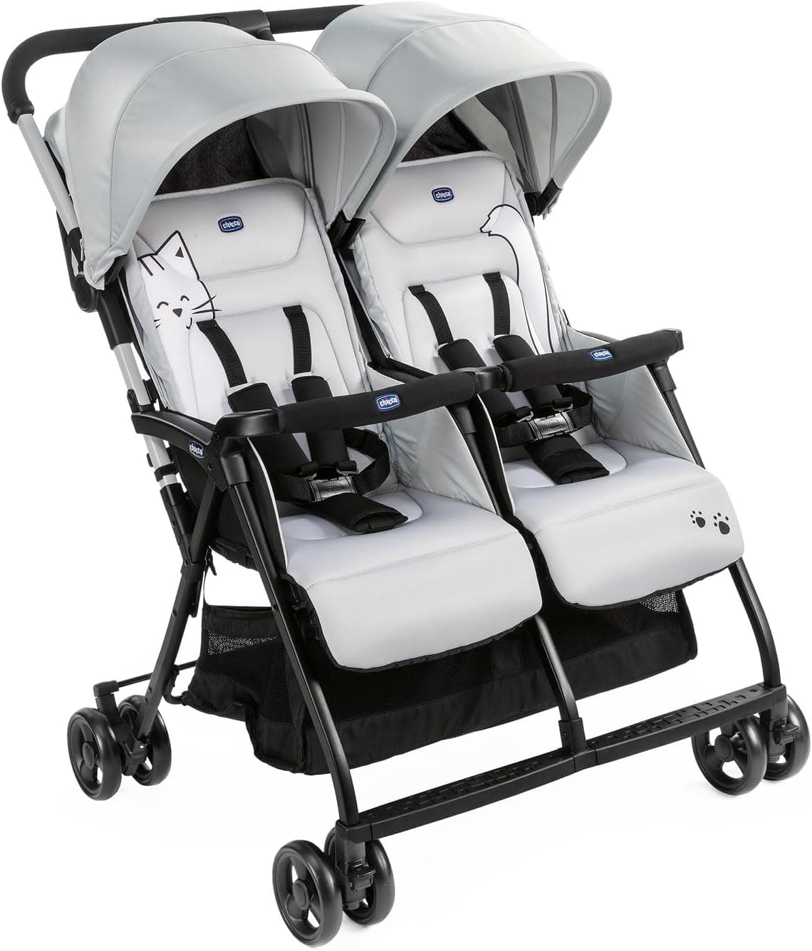 Chicco OHlalà - Carrinho duplo duplo duplo de 0 meses a 15 kg, carrinho leve reclinável e dobrável, apoio para os pés ajustáveis, cobertura de chuva e capa extensível Silver Cat, cinzento