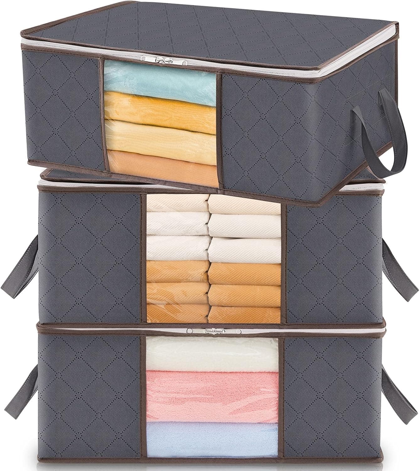 Lifewit 3 peças organizador de roupas, caixas de armazenamento roupa dobrável com alça reforçada, sacos para guardar roupa de tecido resistente e janela transparente para camisolas, casacos