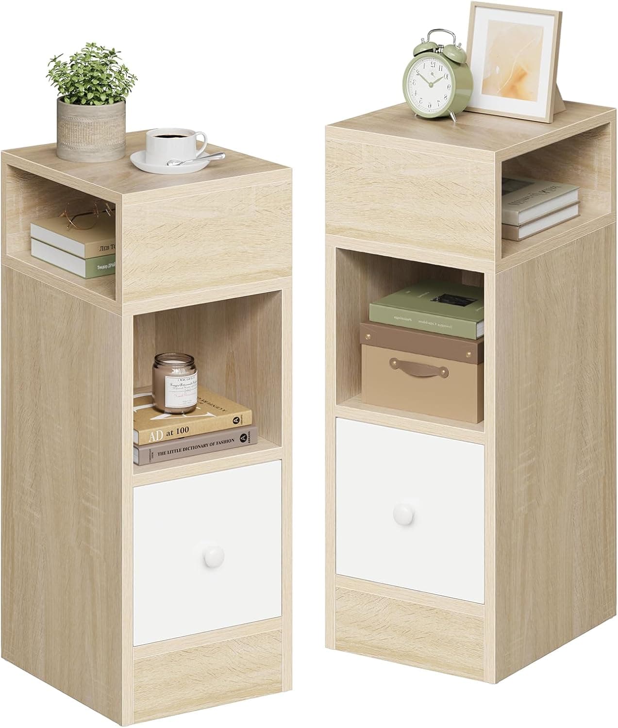 EUGAD 2 mesas de cabeceira com 2 compartimentos e 1 gaveta, 25 x 30 x 66 cm, mesa de cabeceira estreita para quarto, estilo moderno, mesa auxiliar alta de madeira, carvalho claro, 0192ZZ-2