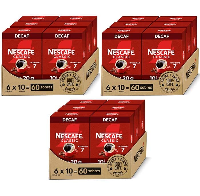  NESCAFÉ Clássico descafeinado, com aroma e sabor, café solúvel e branco, conjunto de 18 estojos com 10 envelopes, TOTAL 180 saquetas