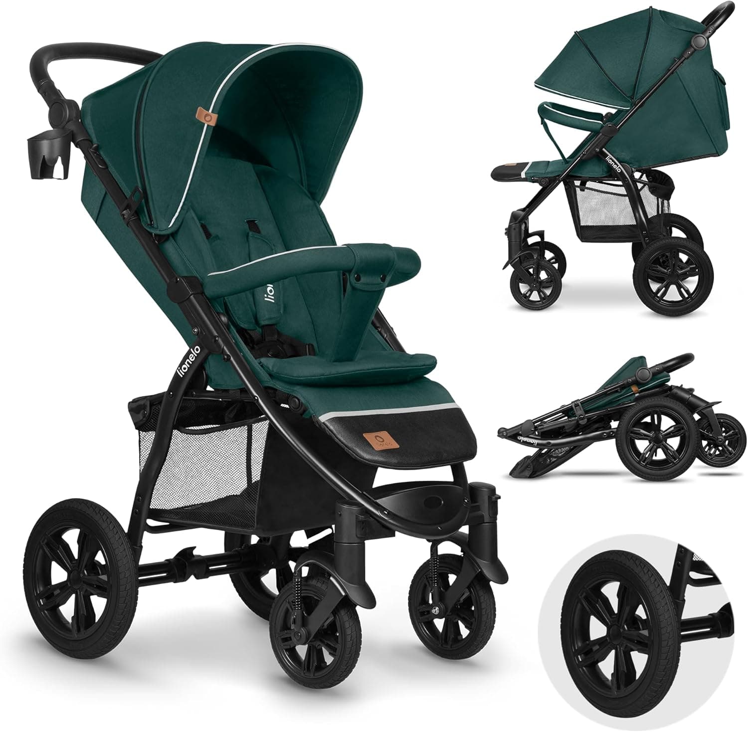 LIONELO Annet Tour Cadeira de passeio, carrinho de bebé, até 22 kg, ajuste do encosto na posição deitada, rodas sem manutenção, capa impermeável XXL, cintos de 5 pontos (verde)
