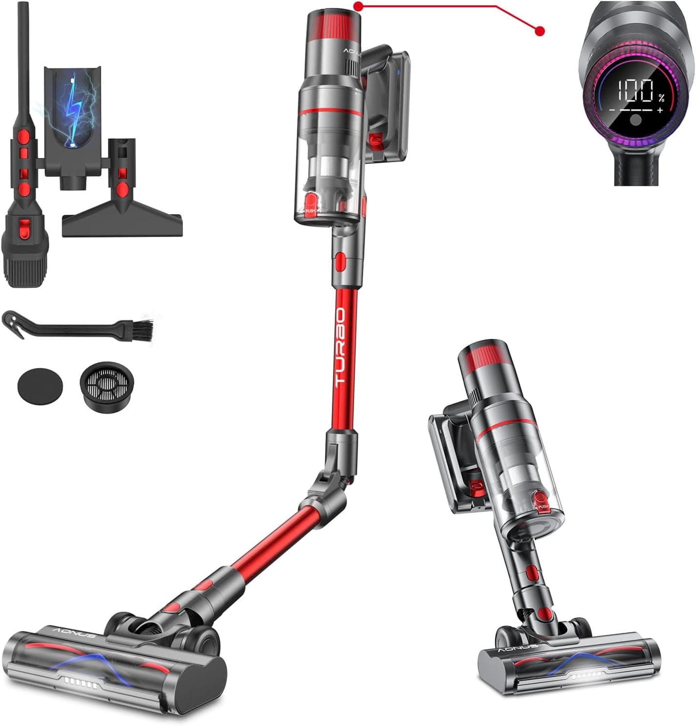 aonus A9 Pro Aspirador sem cabo 42 Kpa 500 W, dobrável aspirador vassoura sem cabo potente, automonomia 60 min com detecção de pó, aspirador de mão para casa tapetes de cabelo de animais de estimação
