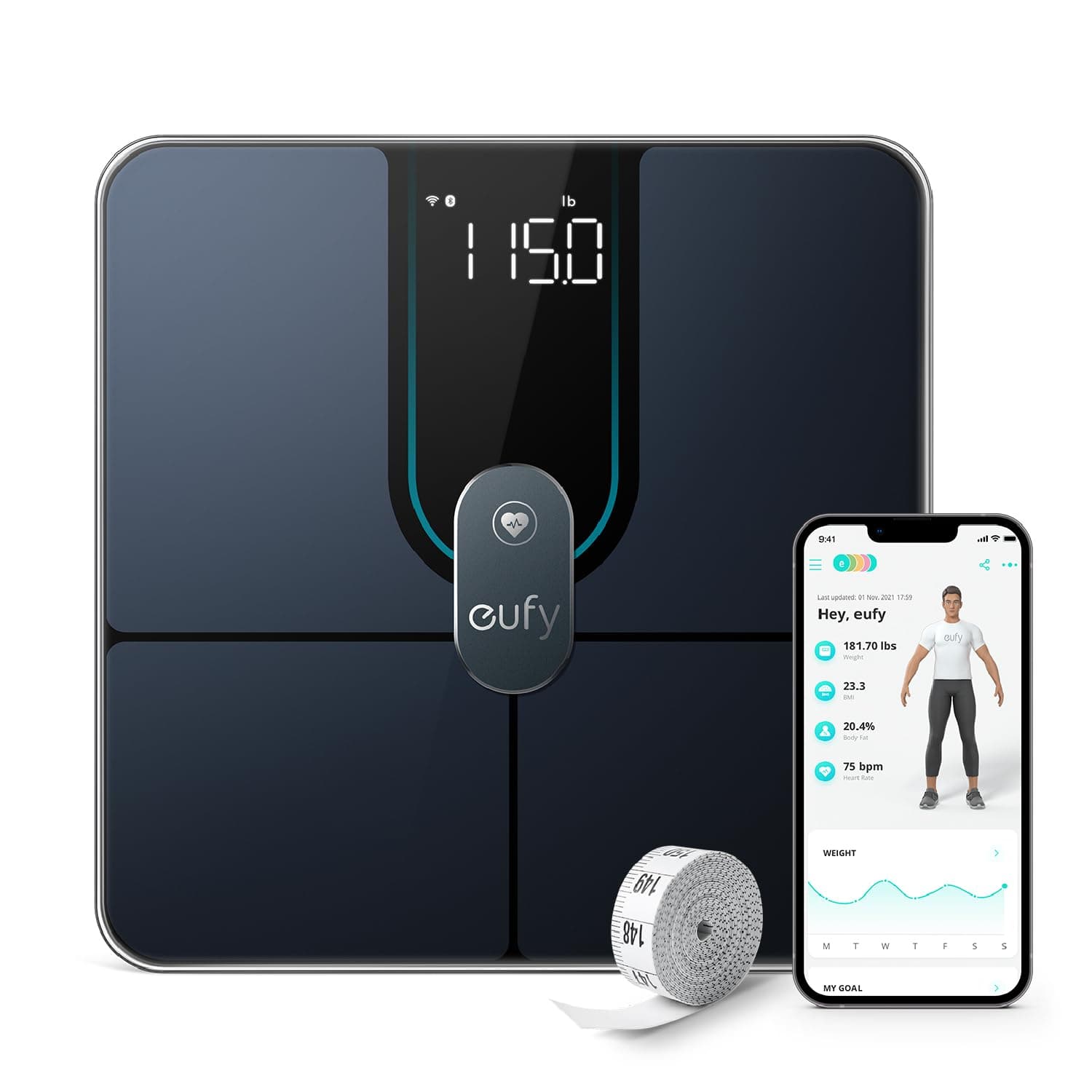 eufy P2 Pro Balança digital de casa de banho, Wi-Fi Bluetooth, base de gordura corporal e muscular com aplicação, 16 monitores de composição corporal, como frequência cardíaca, gordura corporal, IMC