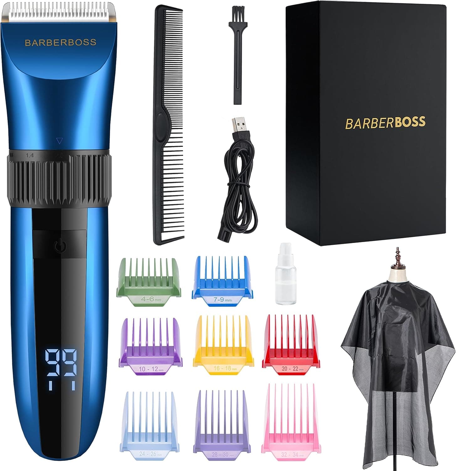 BarberBoss Aparador de barba e cabelo sem fios auto-afiável, resistente à água com lâminas de cerâmica, ecrã LED, carregamento rápido e acessórios de pente QR-2082 de 8 cores