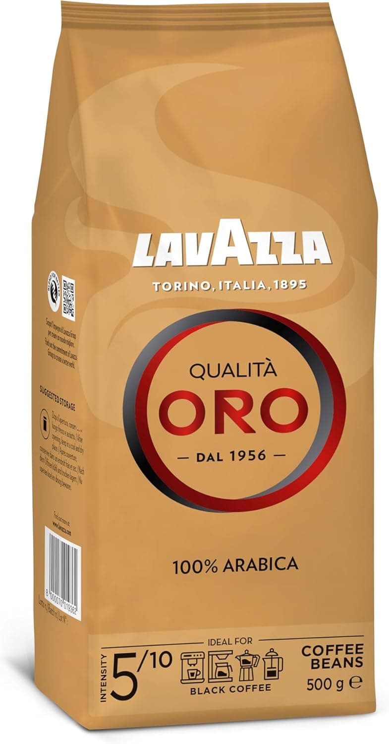 Lavazza, Qualità ouro, café em grão natural, ideal para a máquina de café expresso, com notas aromáticas de frutas e flores, 100% árabe, intensidade 5, torção média, embalagem de 500 g