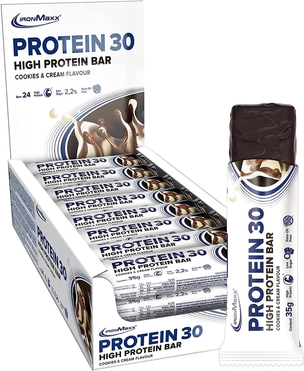 IronMaxx Proteína de 30 barrinhas proteicas, bolachas e creme 24 x 35 g | barra de proteína sem óleo de palma e sem glúten com vitaminas | adequado para uma alimentação baixa em açúcar e carboidratos