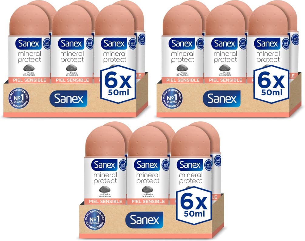 Sanex Mineral Protect | Desodorizante roll-on para pele sensível, 18 unidades de 50 ml